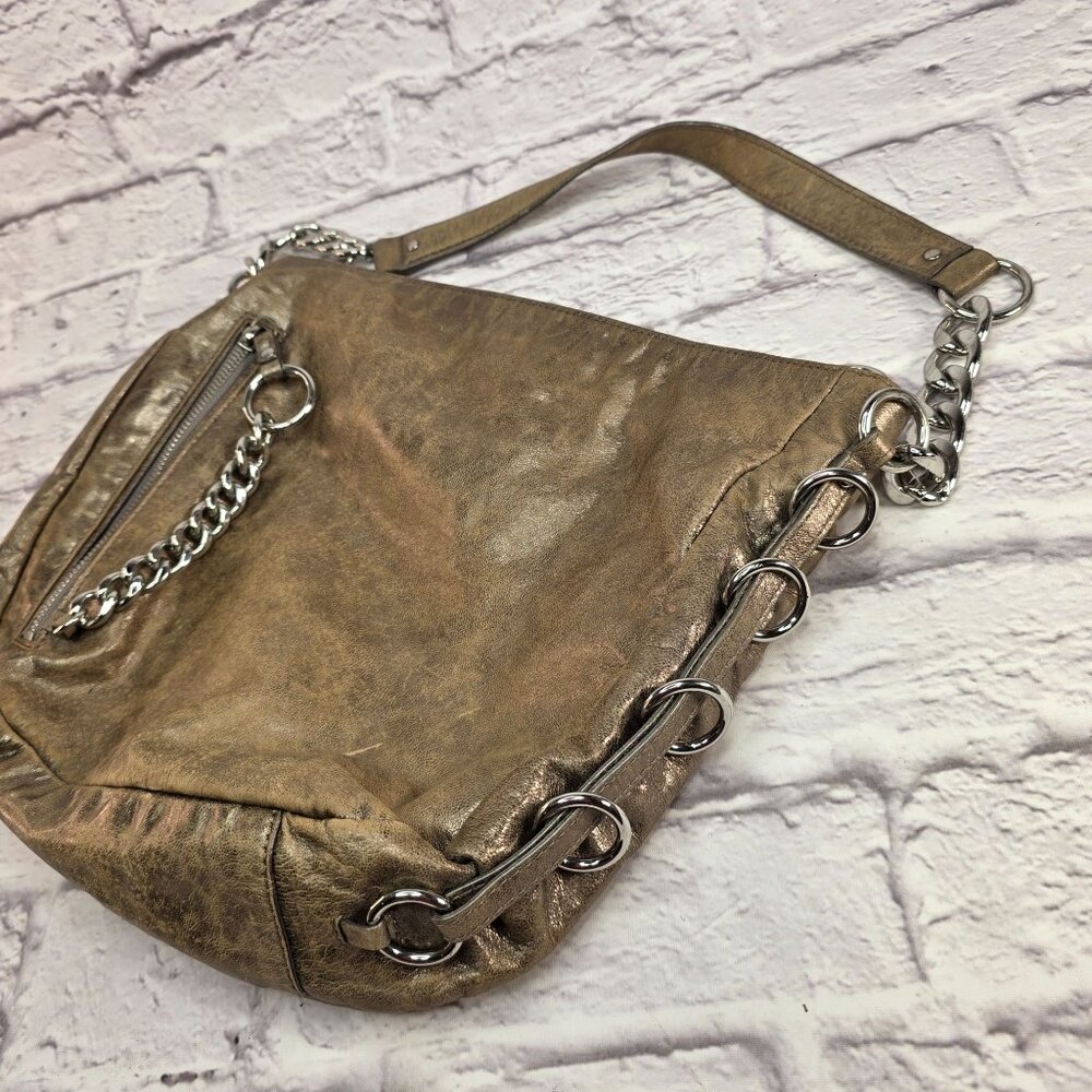 Michael Kors Designer Shoulder Bag Metallic Taupe Leather w/ Chain Accent - Picture 2 of 14